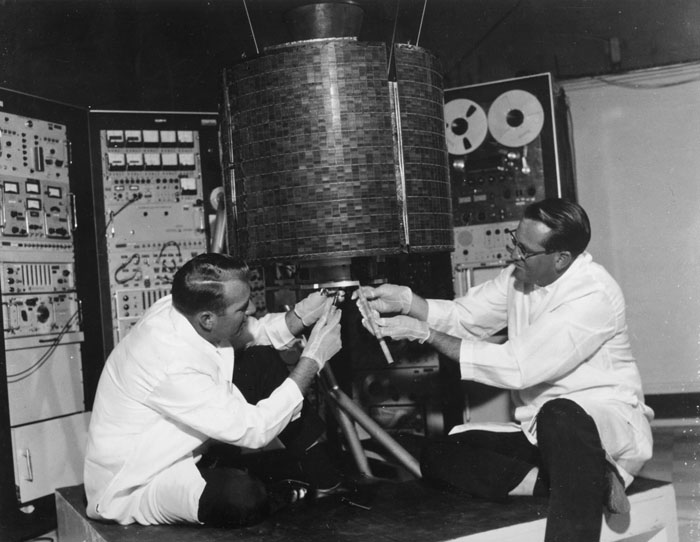 Space History Photo: Engineers checkout Early Bird-Communication Satellite